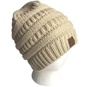 CC Solid Classic Beanie Tail Hat Beige Ponytail Messy Bun One Size Fisherman